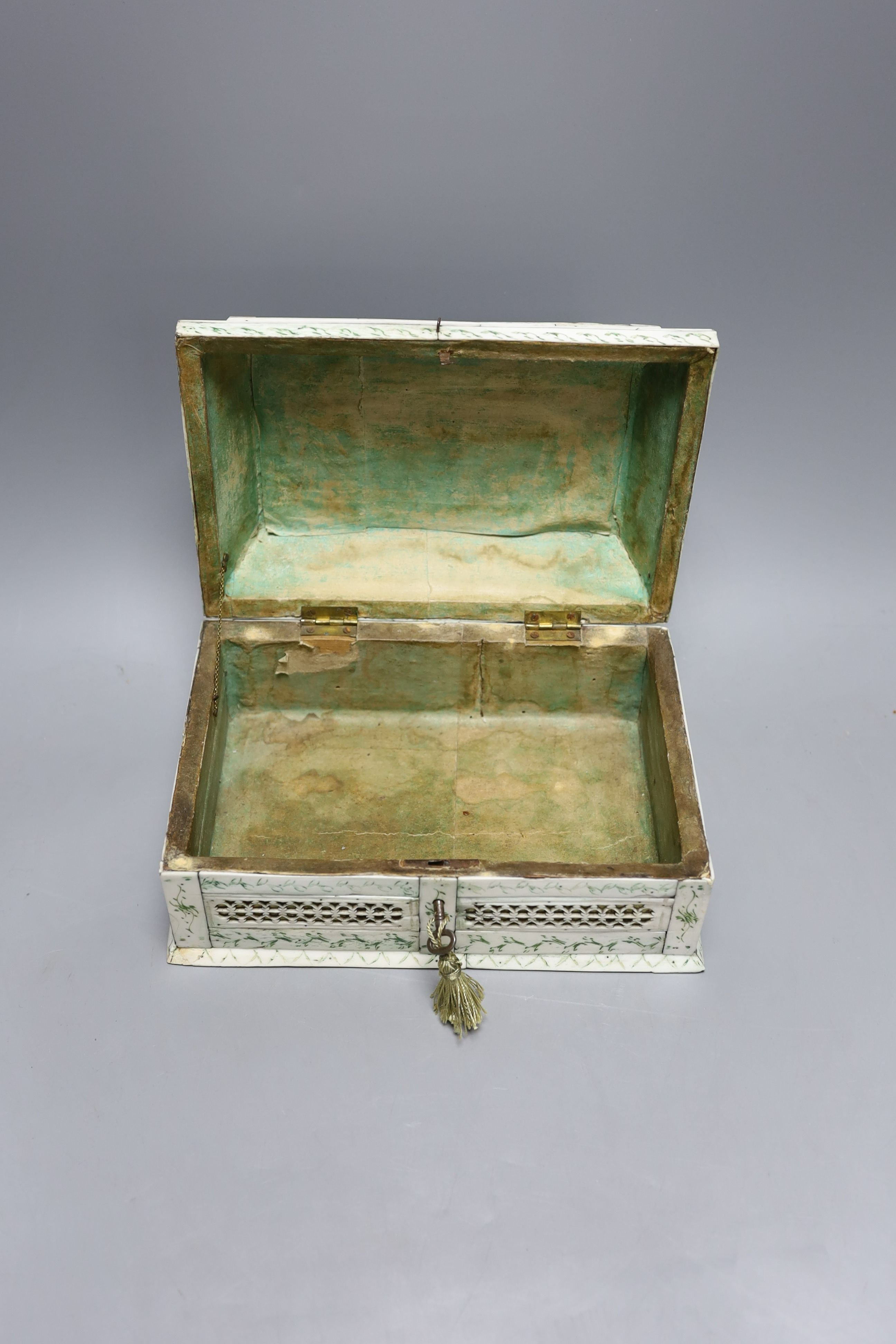 A 19th century Indian bone and ivory veneered sewing casket - 12cm tall